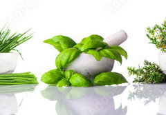 Fototapeta papr 184 x 128, 122892380 - Pestle and Mortar with Green Herbs on White Background