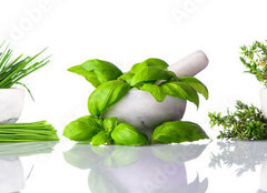 Fototapeta papr 254 x 184, 122892380 - Pestle and Mortar with Green Herbs on White Background