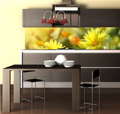 Fototapeta do kuchyn flie 260 x 60  Closeup of yellow daisies with warm rays, 260 x 60 cm