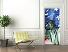 Samolepka na dveře fólie 90 x 220, 12542738 - NY Statue of Liberty against a flag of USA - NY Socha svobody proti vlajce USA