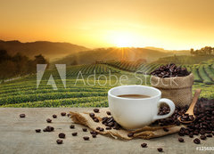 Fototapeta vliesov 200 x 144, 125680313 - Hot Coffee cup with Coffee beans on the wooden table and the pla