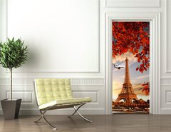 Samolepka na dveře fólie 90 x 220, 126000625 - Eiffel Tower with autumn leaves in Paris, France - Eiffelova věž s podzimní listí v Paříži, Francie