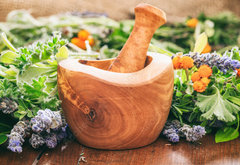 Fototapeta pltno 174 x 120, 128185706 - Variety of herbs and mortar on wooden background, banner