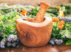 Fototapeta papír 360 x 266, 128185706 - Variety of herbs and mortar on wooden background, banner - Rozmanitost bylin a malty na dřevěné pozadí, banner