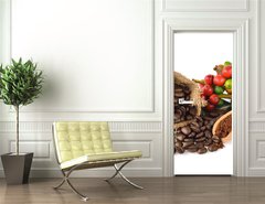 Samolepka na dvee flie 90 x 220  coffee beans and red ripe coffee on white background., 90 x 220 cm