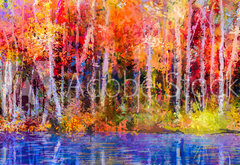 Samolepka flie 145 x 100, 129052938 - Oil painting colorful autumn trees. Semi abstract image of forest, aspen trees with yellow - Olejomalba barevn podzimn stromy. Semi abstraktn obraz lesa, osiky se lutou