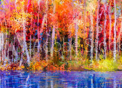 Samolepka flie 200 x 144, 129052938 - Oil painting colorful autumn trees. Semi abstract image of forest, aspen trees with yellow - Olejomalba barevn podzimn stromy. Semi abstraktn obraz lesa, osiky se lutou
