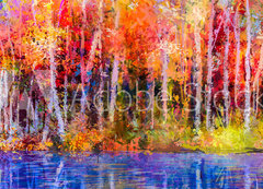 Samolepka fólie 200 x 144, 129052938 - Oil painting colorful autumn trees. Semi abstract image of forest, aspen trees with yellow - Olejomalba barevné podzimní stromy. Semi abstraktní obraz lesa, osiky se žlutou