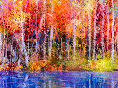 Samolepka flie 270 x 200, 129052938 - Oil painting colorful autumn trees. Semi abstract image of forest, aspen trees with yellow - Olejomalba barevn podzimn stromy. Semi abstraktn obraz lesa, osiky se lutou