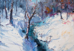 Samolepka flie 145 x 100, 130132079 - Art Oil Painting Winter Landscape. The Awakening of Nature. Spring is coming. - Umleck olejomalba zimn krajina. Probuzen prody. Jaro pichz.