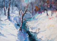 Samolepka flie 200 x 144, 130132079 - Art Oil Painting Winter Landscape. The Awakening of Nature. Spring is coming. - Umleck olejomalba zimn krajina. Probuzen prody. Jaro pichz.