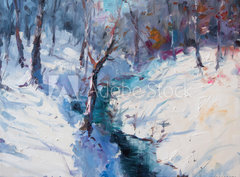 Fototapeta pltno 330 x 244, 130132079 - Art Oil Painting Winter Landscape. The Awakening of Nature. Spring is coming.