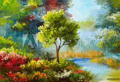 Fototapeta pltno 174 x 120, 131023522 - oil painting, flowers and trees near the river, sunset