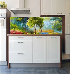 Fototapeta do kuchyn flie 180 x 60, 131023522 - oil painting, flowers and trees near the river, sunset
