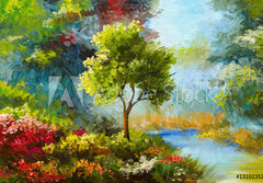 Fototapeta papr 184 x 128, 131023522 - oil painting, flowers and trees near the river, sunset