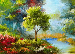 Samolepka flie 200 x 144, 131023522 - oil painting, flowers and trees near the river, sunset