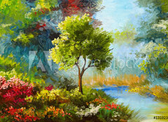 Fototapeta papr 254 x 184, 131023522 - oil painting, flowers and trees near the river, sunset