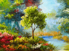 Fototapeta pltno 330 x 244, 131023522 - oil painting, flowers and trees near the river, sunset