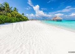Samolepka flie 100 x 73, 132600844 - Wide sandy beach on a tropical island in Maldives. Palms and wat