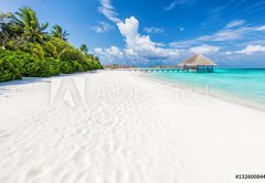 Fototapeta pltno 174 x 120, 132600844 - Wide sandy beach on a tropical island in Maldives. Palms and wat