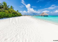 Fototapeta papr 360 x 266, 132600844 - Wide sandy beach on a tropical island in Maldives. Palms and wat