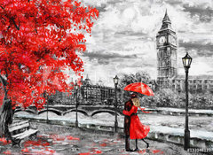Samolepka flie 100 x 73, 133948127 - oil painting on canvas, street of london. Artwork. Big ben. man and woman under an red umbrella. Tree. England. Bridge and river