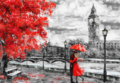 Fototapeta plátno 174 x 120, 133948127 - oil painting on canvas, street of london. Artwork. Big ben. man and woman under an red umbrella. Tree. England. Bridge and river - olejomalba na plátně, londýnská ulice. Umělecká díla. Big ben. muž a žena pod červeným deštníkem. Strom. Anglie. Most a řeka