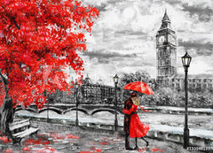 Samolepka flie 200 x 144, 133948127 - oil painting on canvas, street of london. Artwork. Big ben. man and woman under an red umbrella. Tree. England. Bridge and river