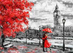 Fototapeta pltno 240 x 174, 133948127 - oil painting on canvas, street of london. Artwork. Big ben. man and woman under an red umbrella. Tree. England. Bridge and river