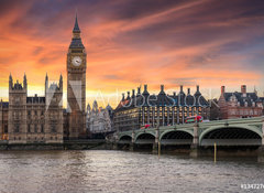 Samolepka flie 100 x 73, 134727682 - Farbenfroher Sonnenuntergang hinter dem Big Ben und der Westminster Brcke