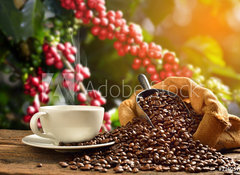 Samolepka flie 100 x 73, 136057023 - Cup of coffee with smoke and coffee beans in burlap sack on coff - lek kvy s kouem a kvov zrna v pytlovina pytel na kvu