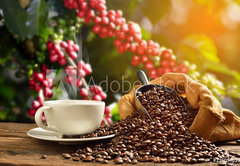 Samolepka flie 145 x 100, 136057023 - Cup of coffee with smoke and coffee beans in burlap sack on coff