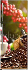 Samolepka na lednici flie 80 x 200, 136057023 - Cup of coffee with smoke and coffee beans in burlap sack on coff