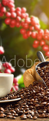 Samolepka na dvee flie 90 x 220, 136057023 - Cup of coffee with smoke and coffee beans in burlap sack on coff