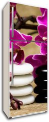 Samolepka na lednici fólie 80 x 200, 13631630 - Spa essentials (pyramid of stones with purple orchids) - Lázeské potřeby (pyramida kamenů s fialovými orchidejemi)