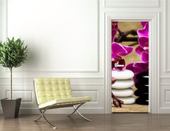 Samolepka na dvee flie 90 x 220  Spa essentials (pyramid of stones with purple orchids), 90 x 220 cm