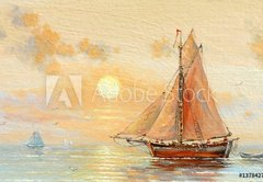 Fototapeta174 x 120  Sea, boats, fisherman, oil paintings, 174 x 120 cm