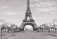 Samolepka flie 145 x 100, 138222265 - Landscape with Eiffel tower in black and white colors on grey background