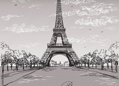 Samolepka flie 200 x 144, 138222265 - Landscape with Eiffel tower in black and white colors on grey background