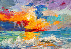 Samolepka fólie 145 x 100, 141271349 - Oil painting of the sea, multicolored sunset on the horizon, watercolor - Olejomalba moře, vícebarevný západ slunce na obzoru, akvarel