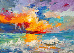 Fototapeta papr 160 x 116, 141271349 - Oil painting of the sea, multicolored sunset on the horizon, watercolor