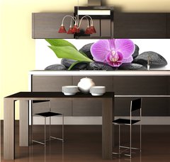 Fototapeta do kuchyně fólie 260 x 60, 144086994 - zen basalt stones ,orchid and bamboo - čedičové kameny zen, orchidej a bambus