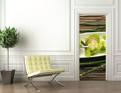 Samolepka na dveře fólie 90 x 220, 14430473 - bowl of orchid with bamboo on mat - miska orchideje s bambusem na podložce