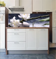 Fototapeta do kuchyn flie 180 x 60  Spa still life with black stones and bamboo leafs, 180 x 60 cm