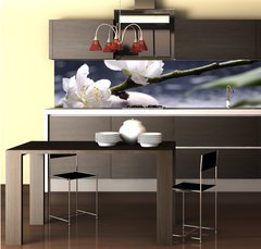 Fototapeta do kuchyn flie 260 x 60  Spa still life with black stones and bamboo leafs, 260 x 60 cm