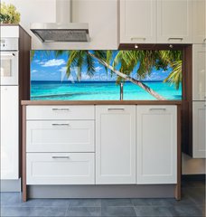 Fototapeta do kuchyn flie 180 x 60  coco palms on tropical paradise beach with turquoise blue water and blue sky, 180 x 60 cm