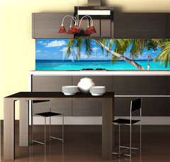 Fototapeta do kuchyn flie 260 x 60  coco palms on tropical paradise beach with turquoise blue water and blue sky, 260 x 60 cm