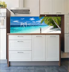 Fototapeta do kuchyn flie 180 x 60, 151010448 - coco palms on tropical paradise beach with turquoise blue water and blue sky