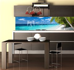 Fototapeta do kuchyn flie 260 x 60, 151010448 - coco palms on tropical paradise beach with turquoise blue water and blue sky