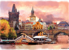 Samolepka flie 100 x 73, 155023138 - Watercolor illustration of old Prague - Akvarel ilustrace star Prahy